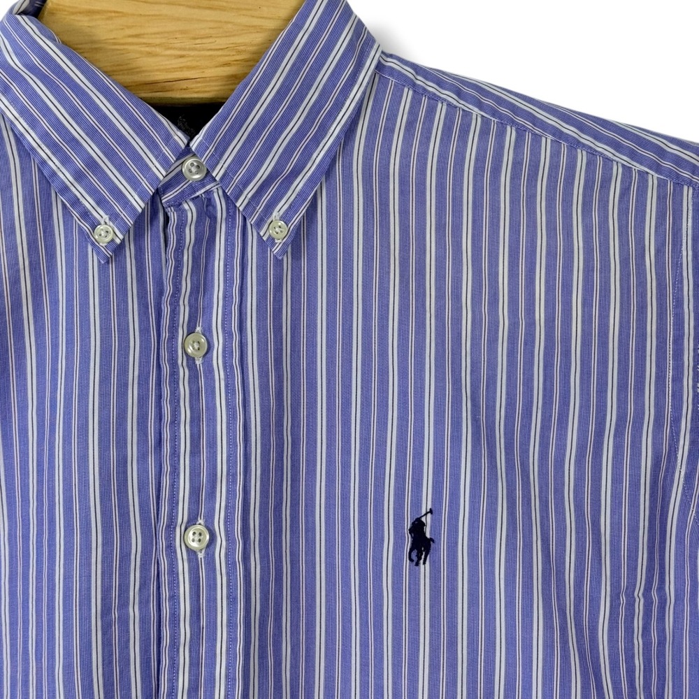 Ralph Lauren Button Front Shirt Men 16 Blue Striped‎ Yarmouth Cotton Preppy Pony